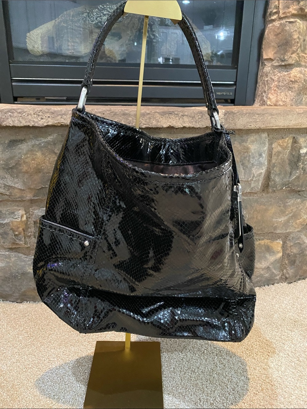 Cole Haan Black Patent Snake-Embossed Shoulder Bag
